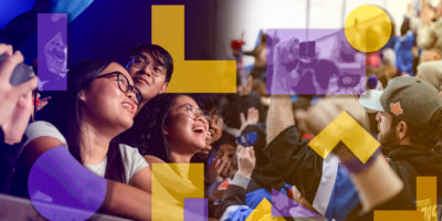 A group of fans with purple and yellow shapes collaged overtop of them