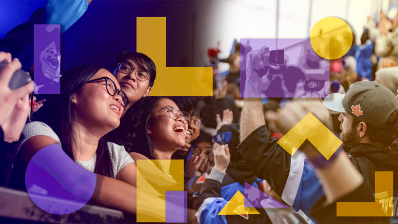 A group of fans with purple and yellow shapes collaged overtop of them