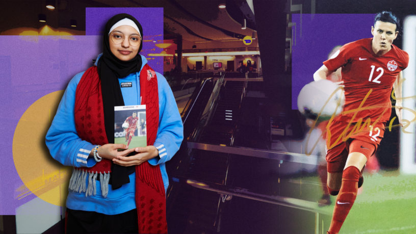 Portrait of woman holding photo of christine sinclair, with a closeup of the photo to the right