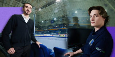 Composite portrait of two workers at the MAC hockey rink