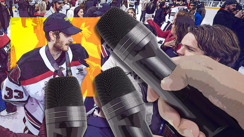 Collage of microphones and a sports player
