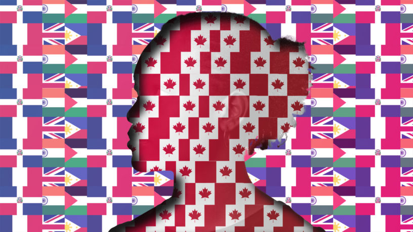 illustration of multitude of flags behind silhouette of person covered in Canada flags
