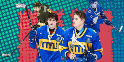 An illustration of TMU men's hockey players Daniil Grigorev and Artem Duda