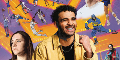 Composite of Moose, Catrina and athletes illustrated