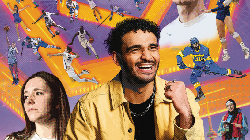 Composite of Moose, Catrina and athletes illustrated