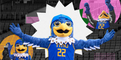 Collage of photos of TMU's mascot