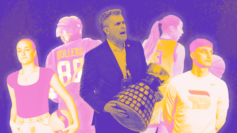 collage of different sports players and a man holding a trophy