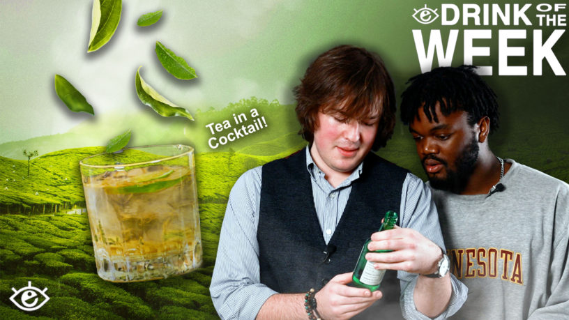 to the left a beige drink with green leaves falling into it to the right text that reads "tea in a cocktail!" to the right are Jake and divine both looking intently at a green glass bottle
