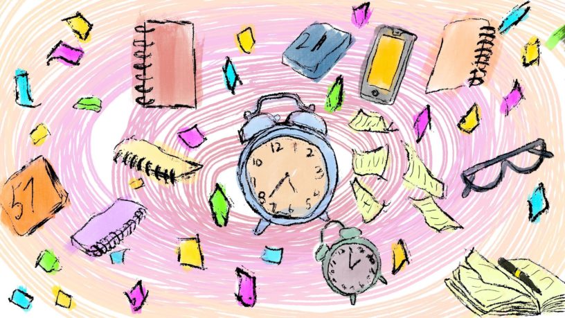 composite of different organization and planning materials over a typhoon-style background