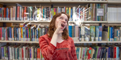 girl talking over a background of books with megaphone assets around her