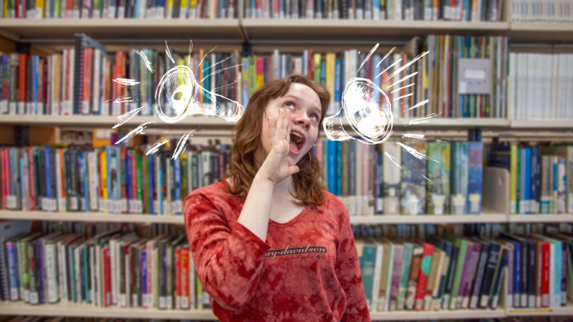 girl talking over a background of books with megaphone assets around her