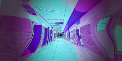 a warped photo of TMU's Kerr Hall changed to look like The Backrooms