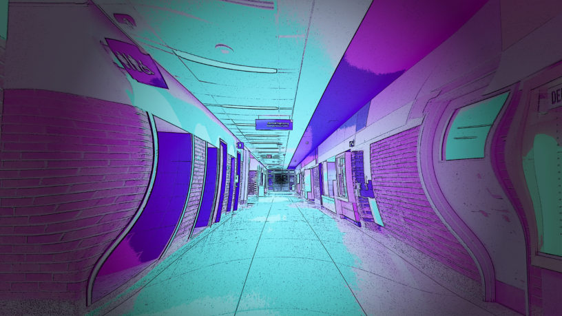 a warped photo of TMU's Kerr Hall changed to look like The Backrooms