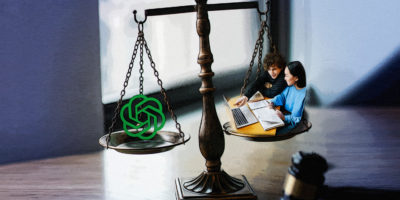 edited image of chatgpt and two students on a scale