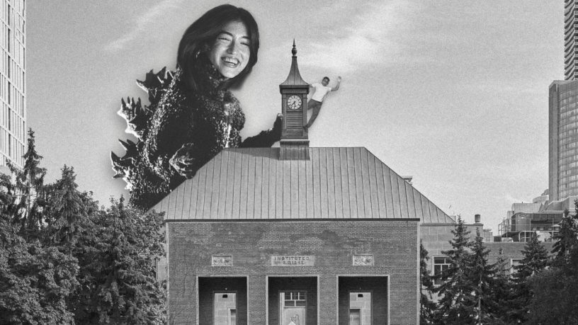 monster with the face of a woman towering over a building