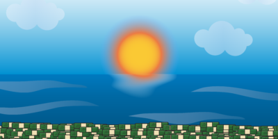 Sun rising over the ocean and a beack made of money