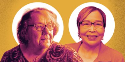 A photo illustration of Monica McKay and Elder Joanne Okimawininew Dallaire with an orange gradient.