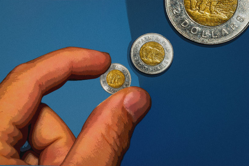 An illustration of a hand holding onto a shrinking coin.