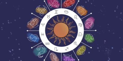 A colourful illustration of a zodiac horoscope wheel, featuring symbols next to each sign surrounding a sun.
