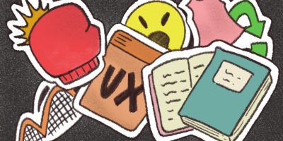 An illustration of various sticker icons layered across a black background.