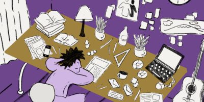 An illustration of a tired student sitting at an overcrowded desk.