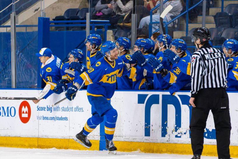 Evan Brand celebrating his first goal as a Bold athlete