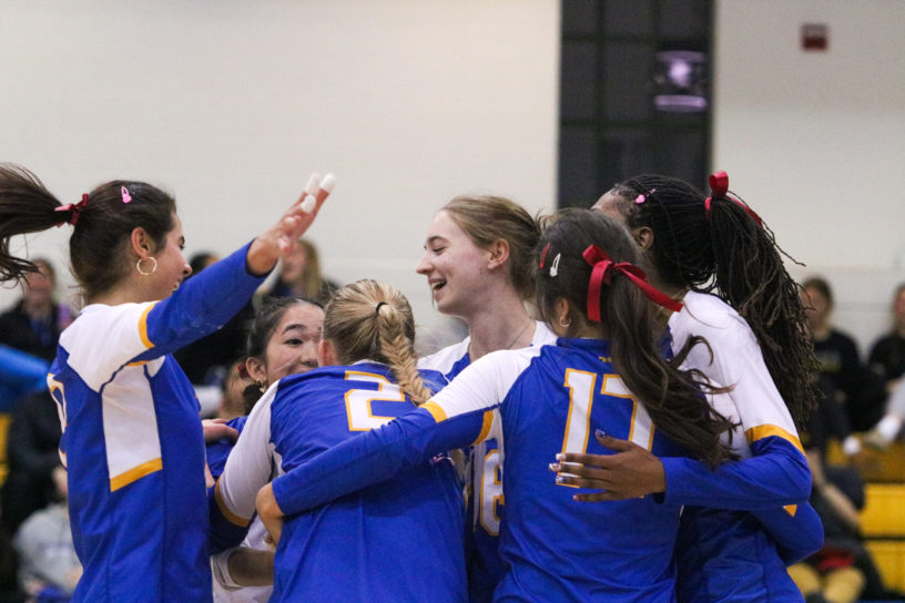 The TMU Bold women's team celebrating a win after losing 15 games in a row
