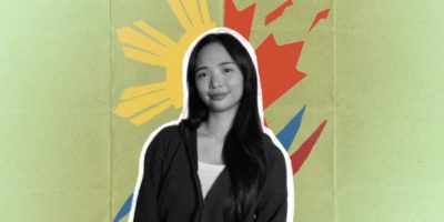 A photo illustration of the writer behind the Filipino golden sun and the Canadian maple leaf