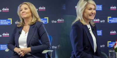 blended photo illustration of two politicians at press conference