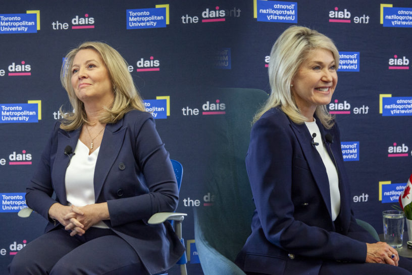 blended photo illustration of two politicians at press conference