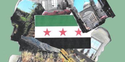 A collage of different parts of Syria with the Syrian flag in the centre