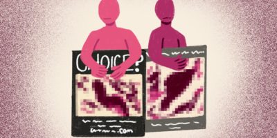 Two illustrated protestors hold graphic anti-abortion signs.