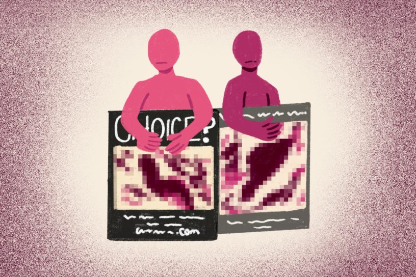 Two illustrated protestors hold graphic anti-abortion signs.