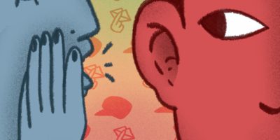 A blue cartoon character whispers into the ear of a red one.