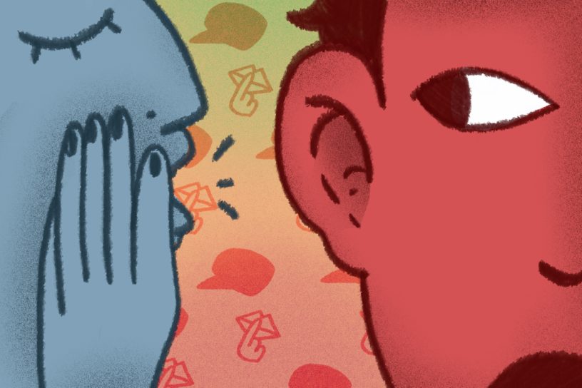 A blue cartoon character whispers into the ear of a red one.