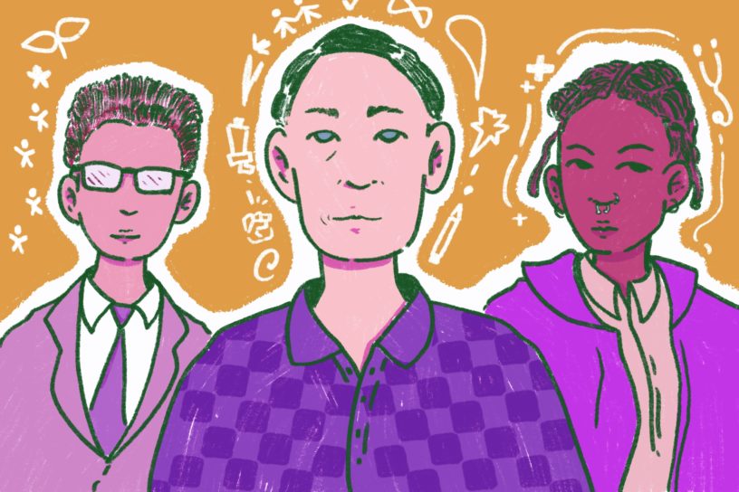 An illustration of three different individuals with symbols around their heads