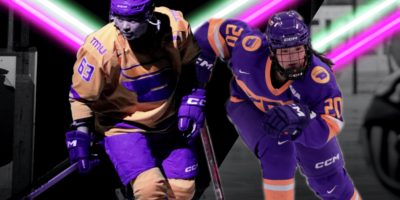 A composite of two hockey players surrounded by illustrated neon lines.