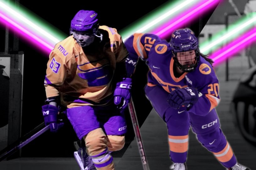 A composite of two hockey players surrounded by illustrated neon lines.