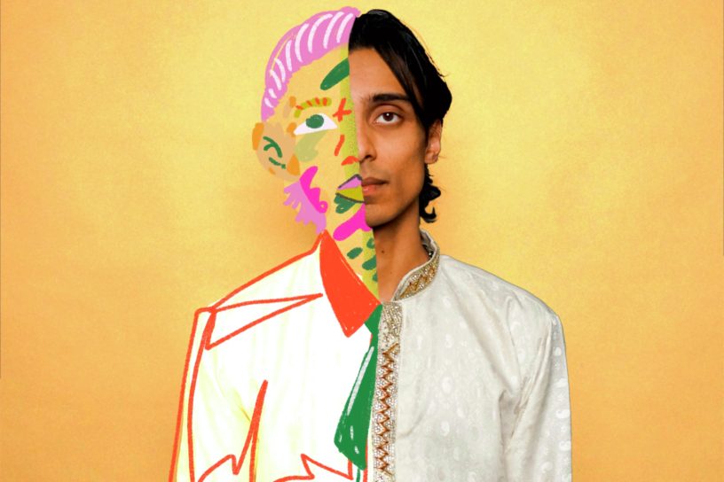 An illustrated image with an individual half drawn