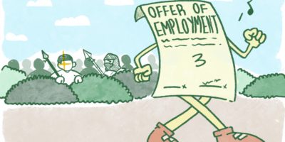 An illustration of an inanimate piece of paper walking along a landscape, with people hidden in the bushes waiting to attack it.