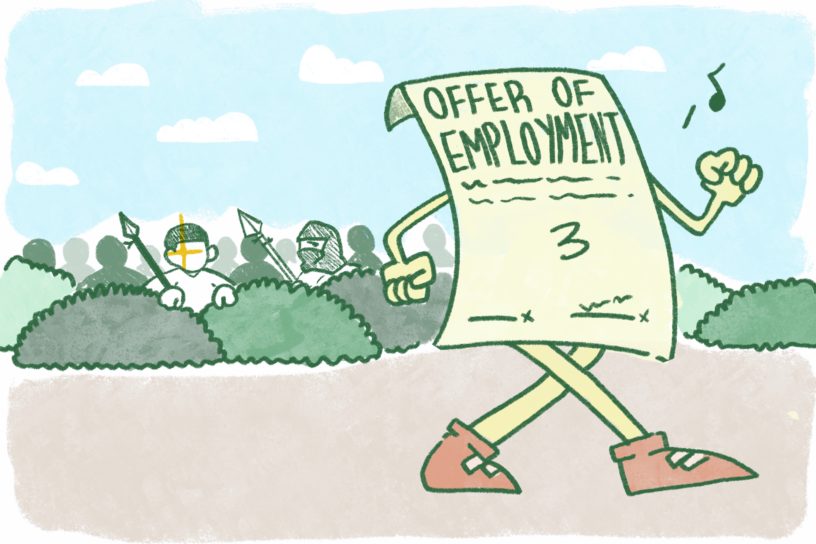 An illustration of an inanimate piece of paper walking along a landscape, with people hidden in the bushes waiting to attack it.