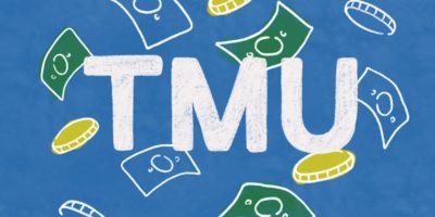 An illustration of the TMU logo surrounded by falling cash.
