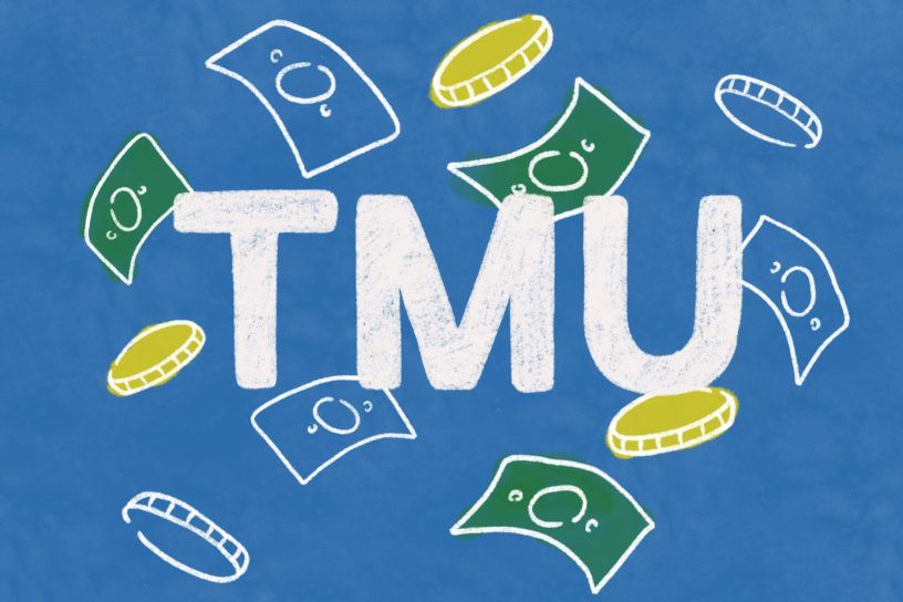 An illustration of the TMU logo surrounded by falling cash.