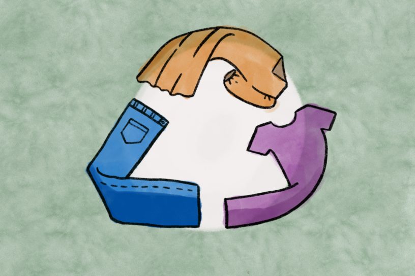 An illustration of colourful clothing arranged in the recycle symbol.