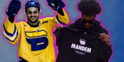 A composite of an athlete wearing the golden jersey and another of one holding up the Mandem shirt.