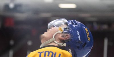 Spencer Shugrue looking up after scoring in the longest U Sports game ever