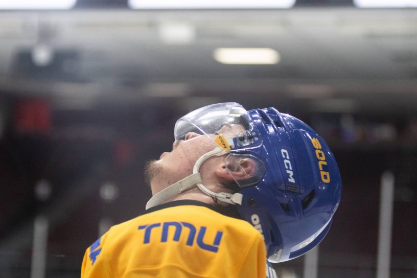 Spencer Shugrue looking up after scoring in the longest U Sports game ever