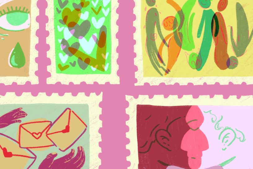 An illustration of postcards with different images on each postcard