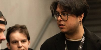 Daniel Carrero doing an interview during the men's hockey national championship