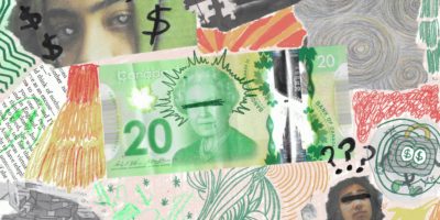 A collage of people, clouds and a 20 dollar bill